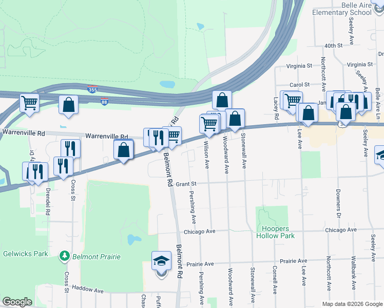 map of restaurants, bars, coffee shops, grocery stores, and more near 4401 Pershing Avenue in Downers Grove