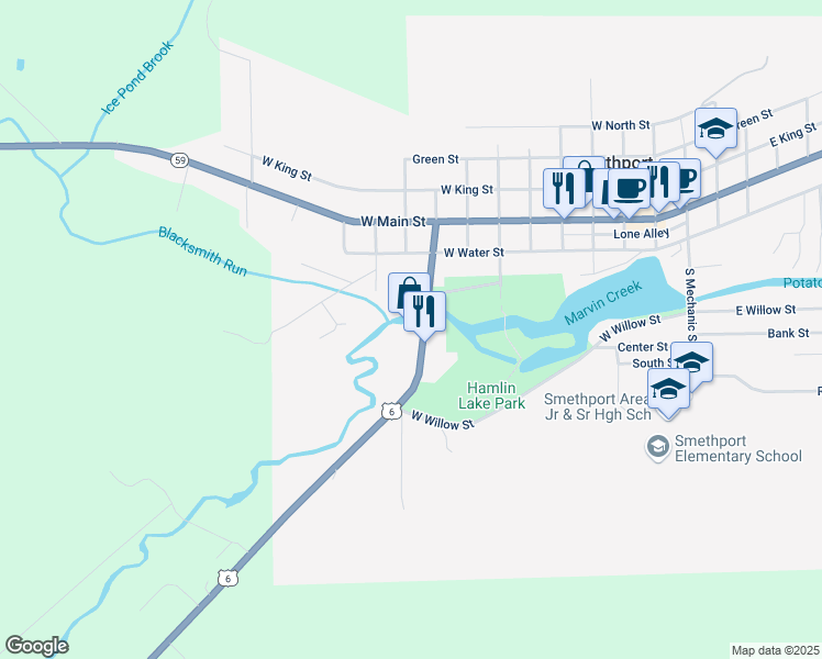 map of restaurants, bars, coffee shops, grocery stores, and more near 86 Marvin Street in Smethport