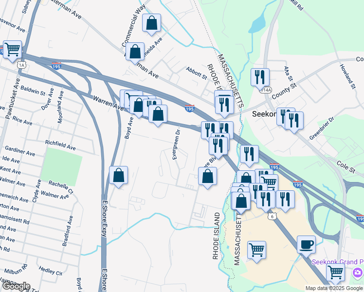 map of restaurants, bars, coffee shops, grocery stores, and more near 11 Evergreen Drive in East Providence