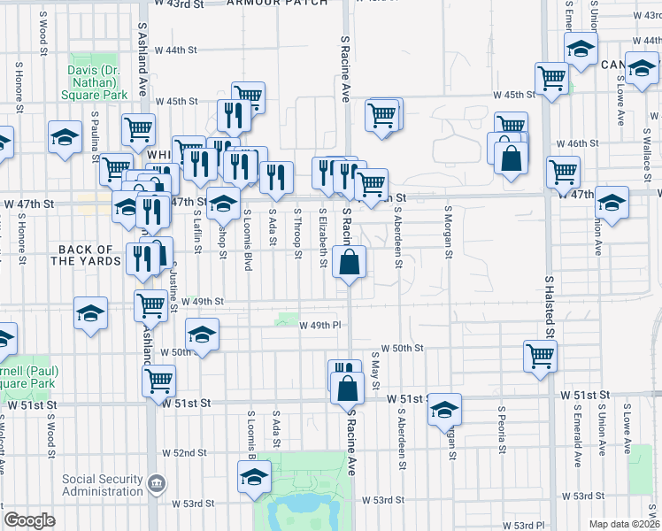 map of restaurants, bars, coffee shops, grocery stores, and more near 4810 South Racine Avenue in Chicago