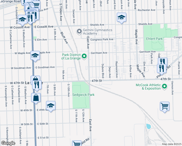 map of restaurants, bars, coffee shops, grocery stores, and more near 4623 Eberly Avenue in Brookfield