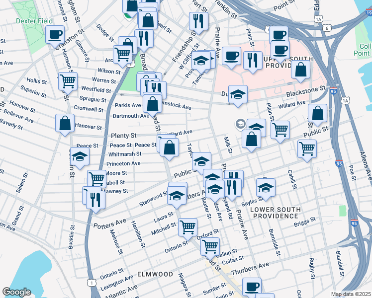 map of restaurants, bars, coffee shops, grocery stores, and more near 7 Marlborough Avenue in Providence