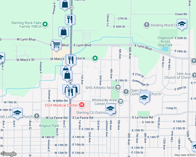 map of restaurants, bars, coffee shops, grocery stores, and more near 1903 3rd Avenue in Sterling