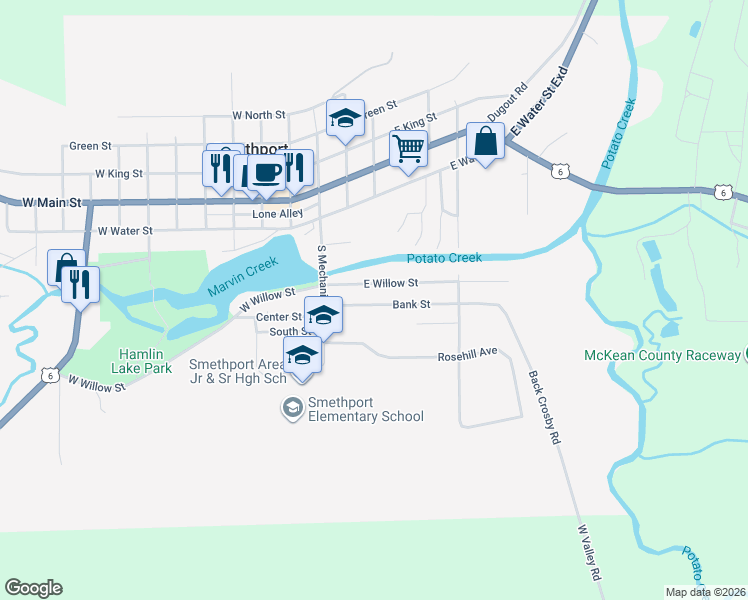 map of restaurants, bars, coffee shops, grocery stores, and more near 38 Bank Street in Smethport