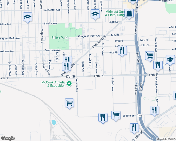 map of restaurants, bars, coffee shops, grocery stores, and more near 4620 Forest Avenue in Brookfield