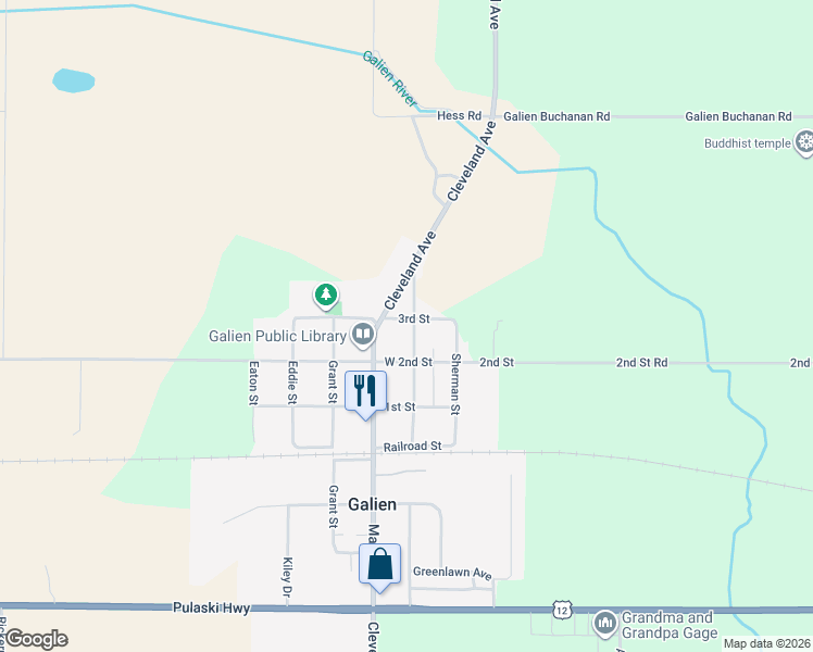 map of restaurants, bars, coffee shops, grocery stores, and more near 312 George Street in Galien