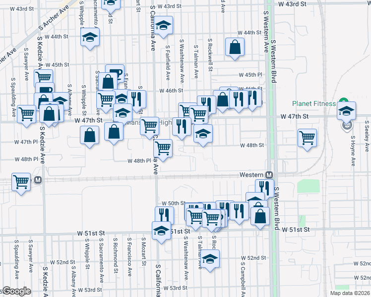 map of restaurants, bars, coffee shops, grocery stores, and more near 2655 West 48th Street in Chicago