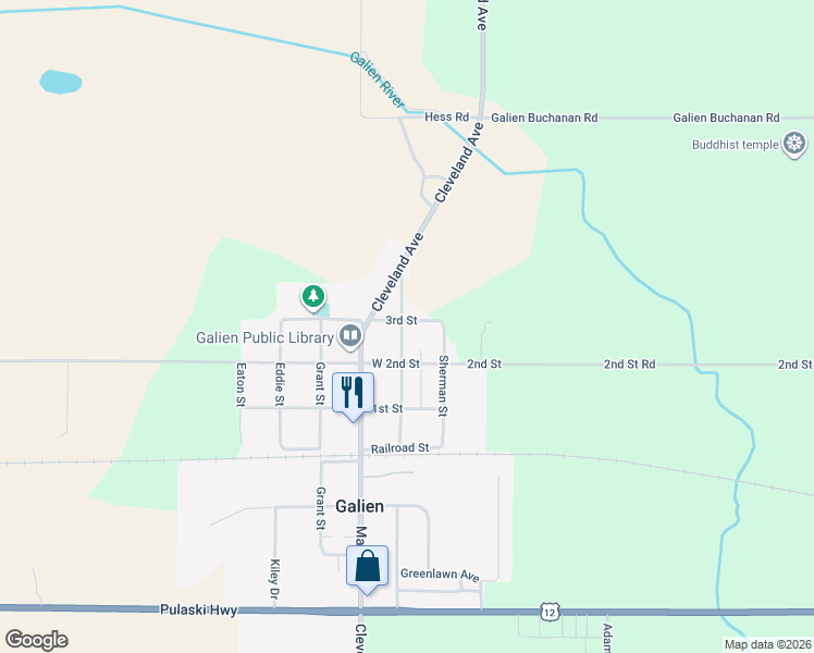 map of restaurants, bars, coffee shops, grocery stores, and more near 312 George Street in Galien