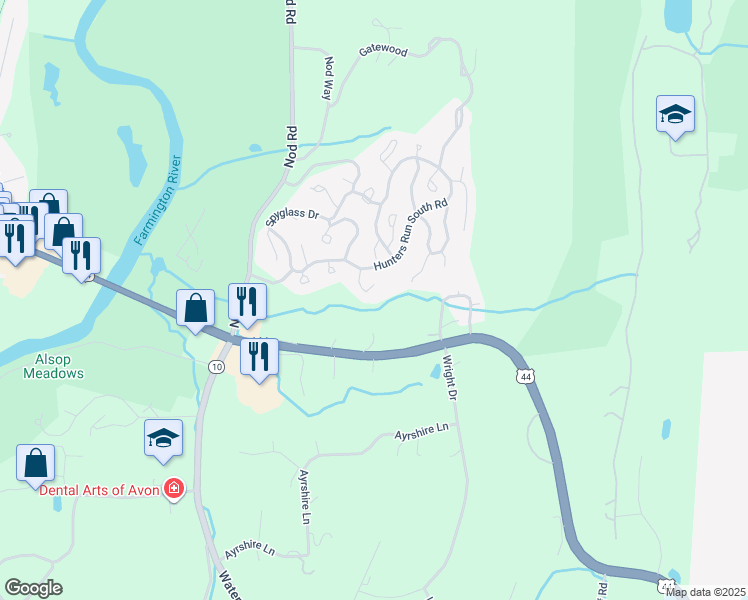 map of restaurants, bars, coffee shops, grocery stores, and more near 3 Grey Fox Trail in Avon