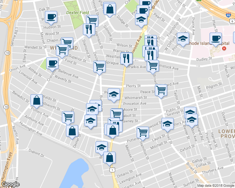 map of restaurants, bars, coffee shops, grocery stores, and more near 142 Peace Street in Providence