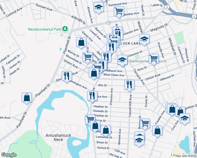map of restaurants, bars, coffee shops, grocery stores, and more near Union Ave & Pocasset Ave in Providence