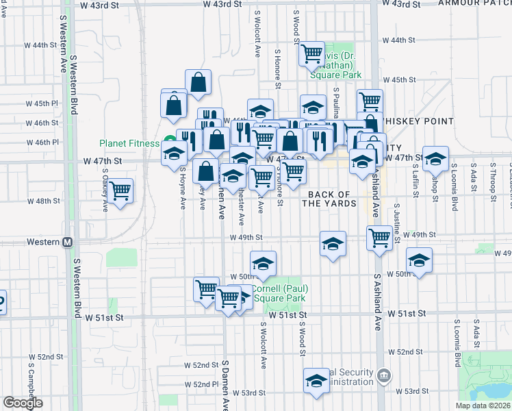 map of restaurants, bars, coffee shops, grocery stores, and more near 4805 South Wolcott Avenue in Chicago