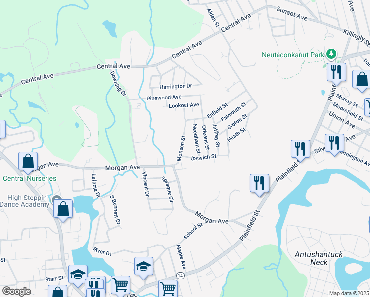 map of restaurants, bars, coffee shops, grocery stores, and more near 40 Monson St in Johnston