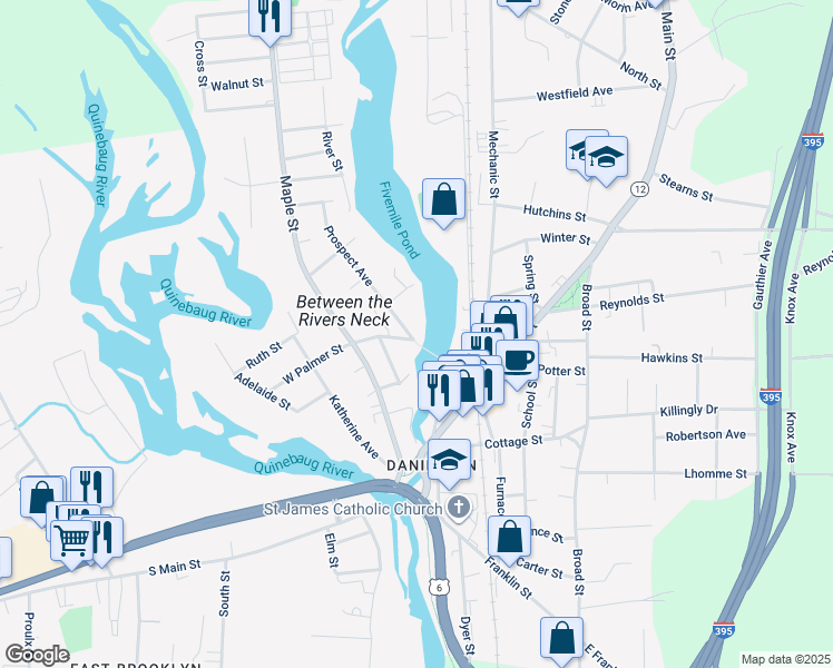 map of restaurants, bars, coffee shops, grocery stores, and more near 10 Prospect Avenue in Killingly