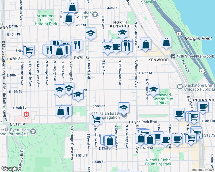 map of restaurants, bars, coffee shops, grocery stores, and more near 4845 South Ellis Avenue in Chicago
