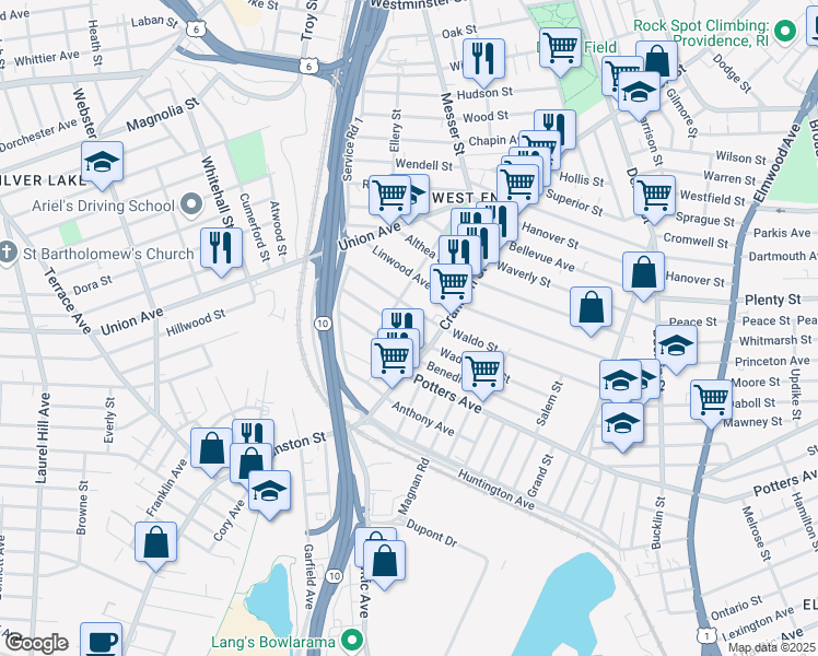map of restaurants, bars, coffee shops, grocery stores, and more near 181 Wadsworth Street in Providence
