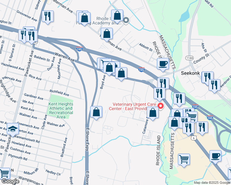 map of restaurants, bars, coffee shops, grocery stores, and more near 175 Hatton Street in East Providence