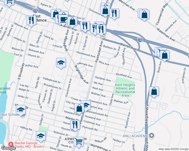 map of restaurants, bars, coffee shops, grocery stores, and more near 18 Gardiner Avenue in East Providence