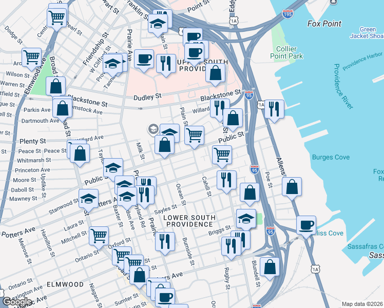 map of restaurants, bars, coffee shops, grocery stores, and more near 290 Public Street in Providence
