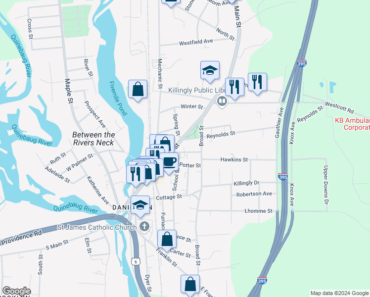 map of restaurants, bars, coffee shops, grocery stores, and more near 50 Academy Street in Killingly