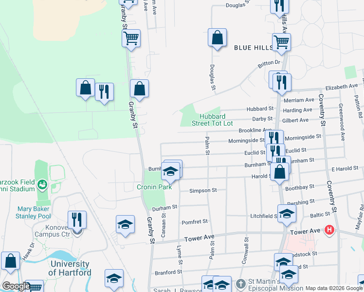 map of restaurants, bars, coffee shops, grocery stores, and more near 171 Morningside Street West in Hartford