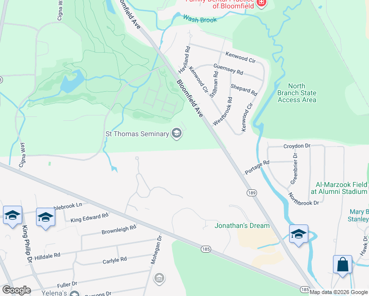 map of restaurants, bars, coffee shops, grocery stores, and more near 375 Bloomfield Avenue in West Hartford
