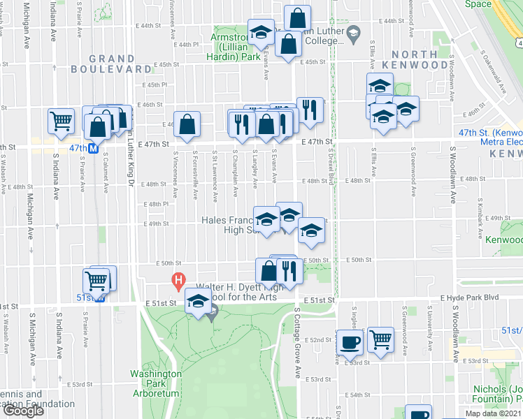 map of restaurants, bars, coffee shops, grocery stores, and more near 4842 South Langley Avenue in Chicago