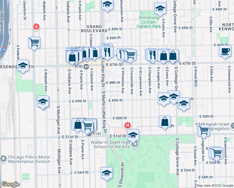 map of restaurants, bars, coffee shops, grocery stores, and more near 431 East 48th Place in Chicago
