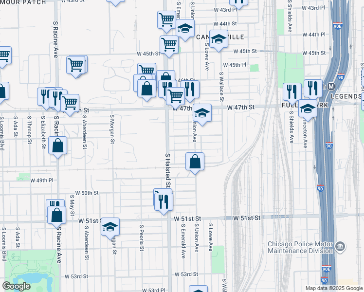map of restaurants, bars, coffee shops, grocery stores, and more near 4816 South Union Avenue in Chicago