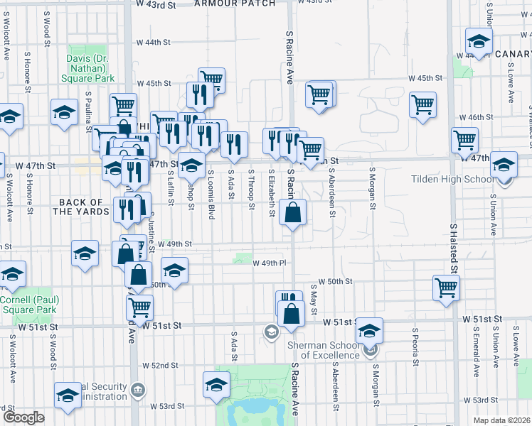 map of restaurants, bars, coffee shops, grocery stores, and more near 4807 South Throop Street in Chicago