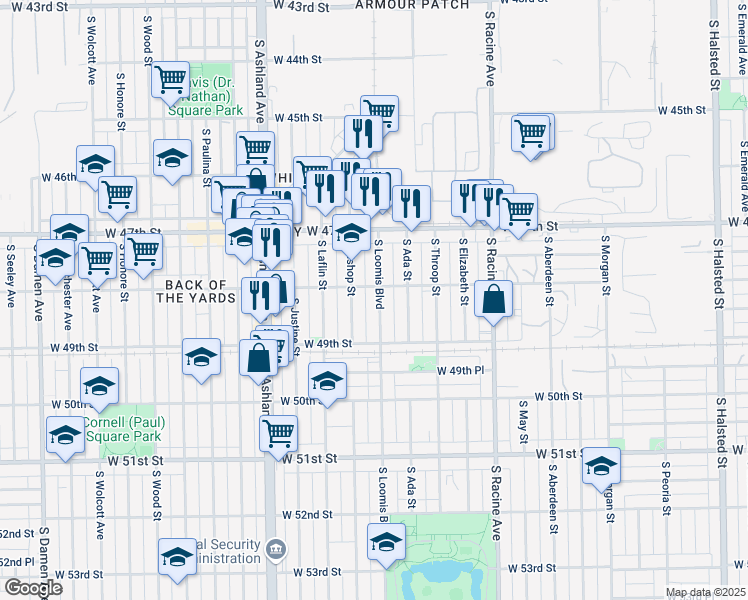 map of restaurants, bars, coffee shops, grocery stores, and more near 4809 South Loomis Street in Chicago