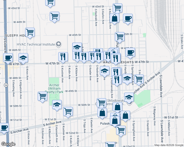 map of restaurants, bars, coffee shops, grocery stores, and more near 4746 South Kedvale Avenue in Chicago