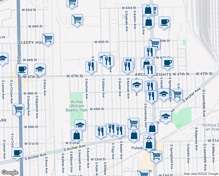 map of restaurants, bars, coffee shops, grocery stores, and more near 4743 South Kildare Avenue in Chicago