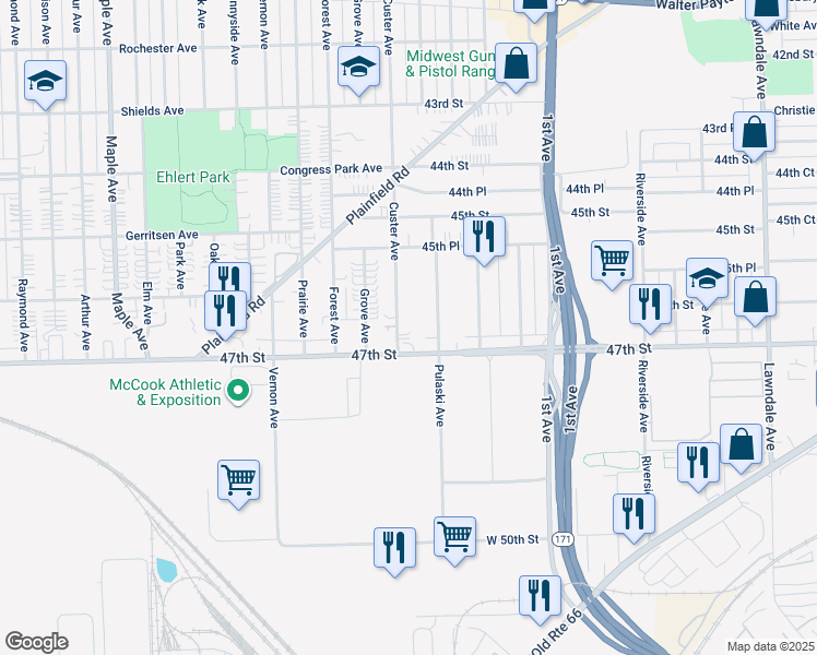map of restaurants, bars, coffee shops, grocery stores, and more near 4660 Custer Avenue in Brookfield
