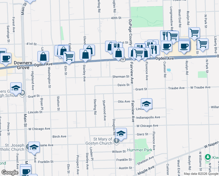 map of restaurants, bars, coffee shops, grocery stores, and more near 517 Davis Street in Downers Grove