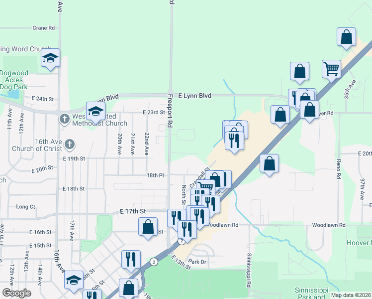 map of restaurants, bars, coffee shops, grocery stores, and more near 2100 Freeport Road in Sterling