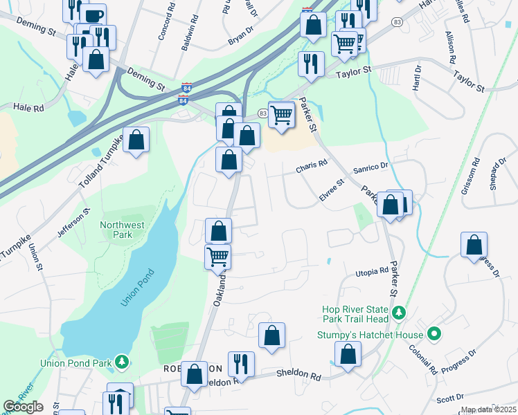 map of restaurants, bars, coffee shops, grocery stores, and more near 45 Oakland Terrace in Manchester