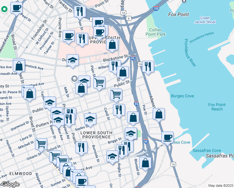 map of restaurants, bars, coffee shops, grocery stores, and more near 787 Eddy Street in Providence
