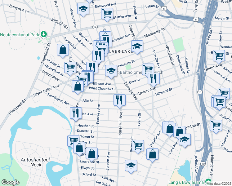 map of restaurants, bars, coffee shops, grocery stores, and more near 357 Laurel Hill Avenue in Providence