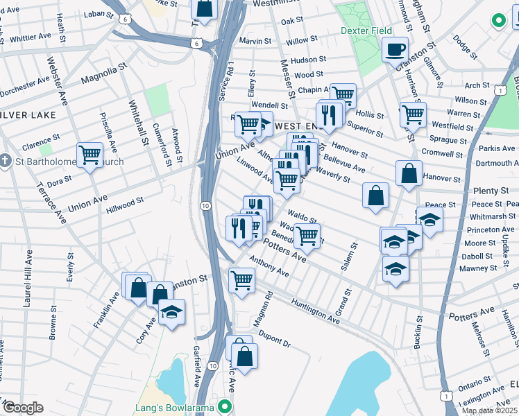 map of restaurants, bars, coffee shops, grocery stores, and more near 183 Wadsworth Street in Providence