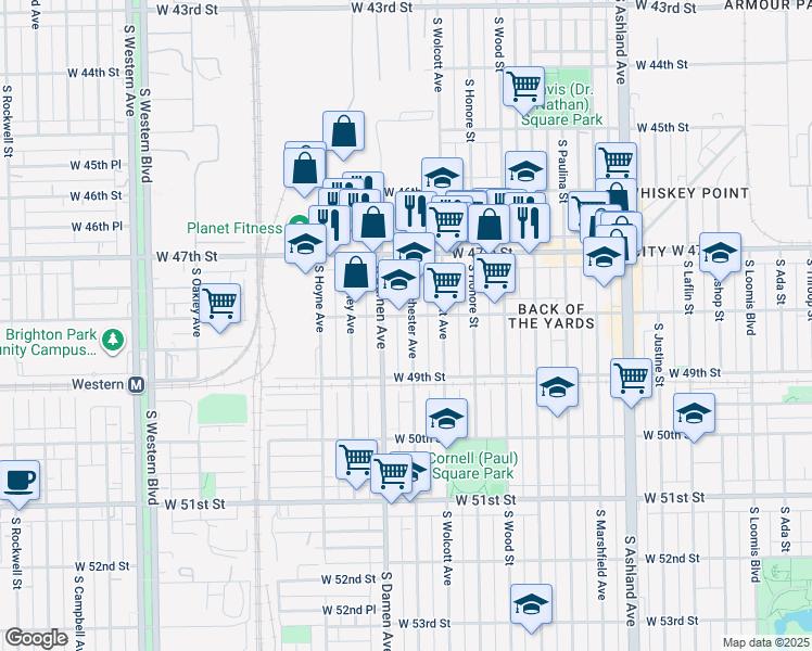 map of restaurants, bars, coffee shops, grocery stores, and more near 4806 South Winchester Avenue in Chicago