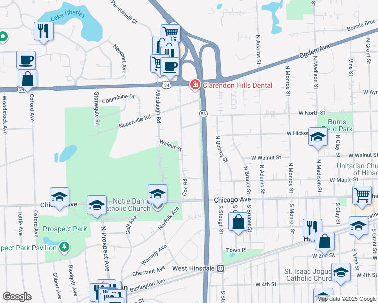 map of restaurants, bars, coffee shops, grocery stores, and more near 241 Coe Road in Clarendon Hills