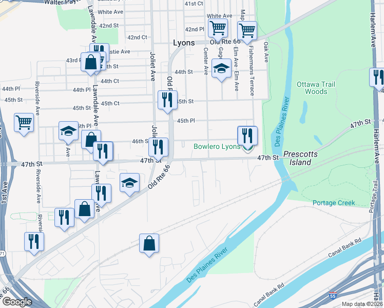 map of restaurants, bars, coffee shops, grocery stores, and more near 7848 47th Street in Lyons