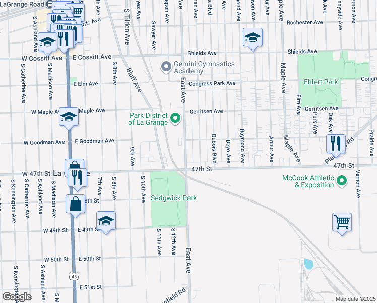 map of restaurants, bars, coffee shops, grocery stores, and more near 4619 East Avenue in Brookfield