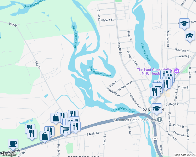 map of restaurants, bars, coffee shops, grocery stores, and more near 135 Adelaide Street in Killingly