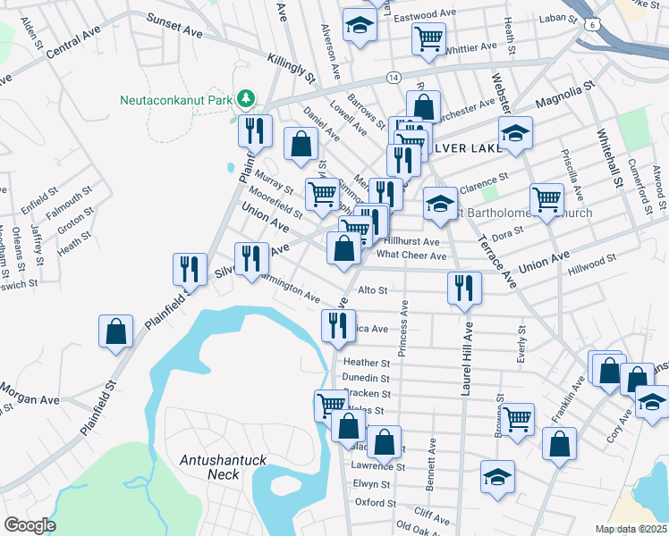 map of restaurants, bars, coffee shops, grocery stores, and more near 588R Union Avenue in Providence