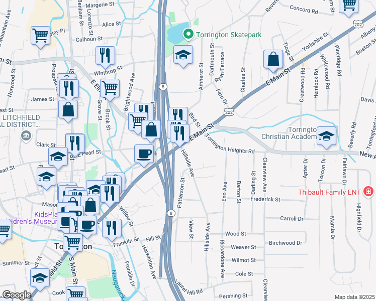 map of restaurants, bars, coffee shops, grocery stores, and more near 19 Hillside Avenue in Torrington