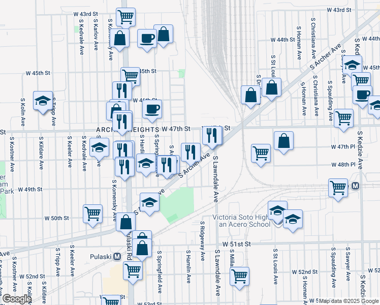 map of restaurants, bars, coffee shops, grocery stores, and more near 4751 South Hamlin Avenue in Chicago