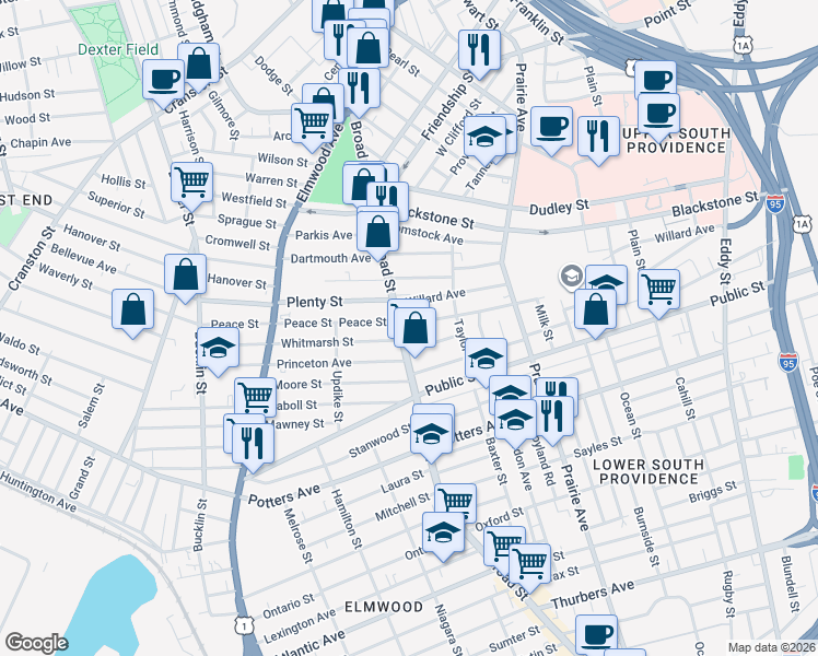 map of restaurants, bars, coffee shops, grocery stores, and more near 650 Broad Street in Providence