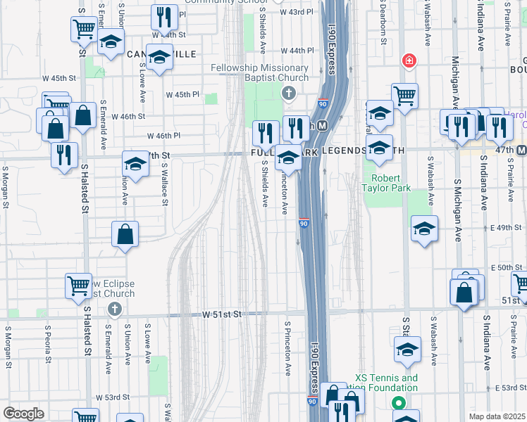 map of restaurants, bars, coffee shops, grocery stores, and more near 4822 South Shields Avenue in Chicago